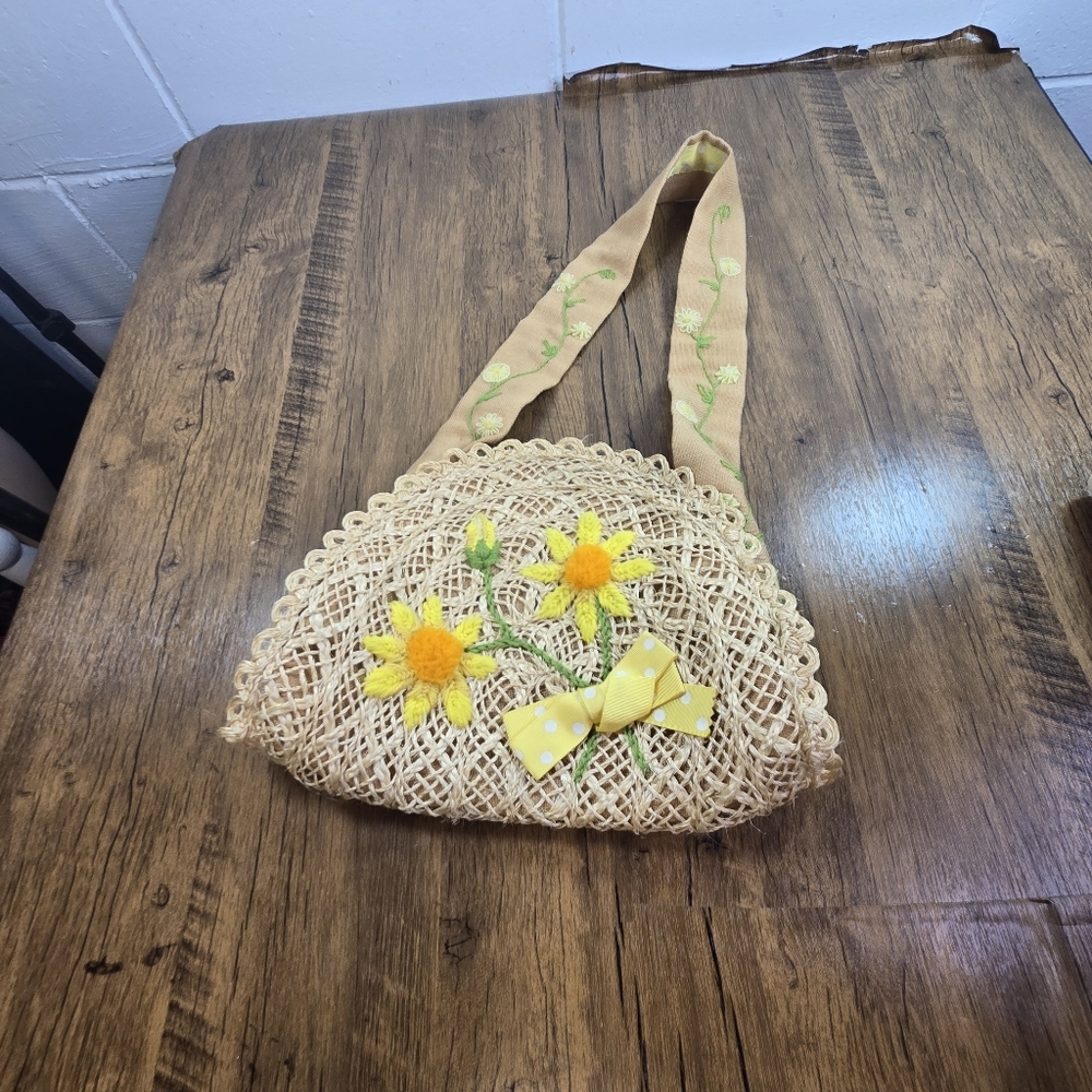 Vtg Sisal Straw Cottagecore Sunny Yellow Flower Bag - Picture 9 of 9
